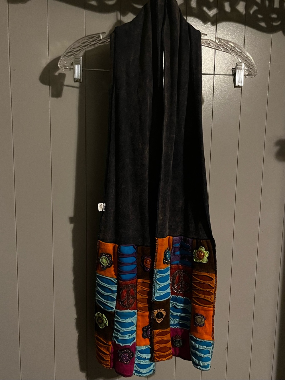Boho acid wash black and patchwork quilted peace sign/floral scarf